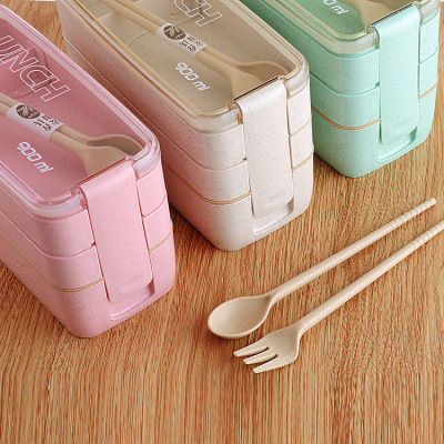 Creative Wheat Straw Lunch Box Office Portable Three-Layer Lunch Box Student Sealed Partitioned Square Lunch Box