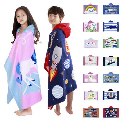 Amazon Cartoon Beach Towel Oumeijia the Big Kids Wearable Bath Towels Bathroom Bath Pure Cotton Hooded Bath Towel Bathrobe