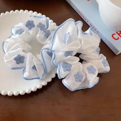 Milk Blue Embroidery Flower Style Hair Band Sweet All-Matching Large Intestine Ring Lovely Fancy Hair Rope Rubber Band Japanese and Korean Hair Accessories Mori Headwear