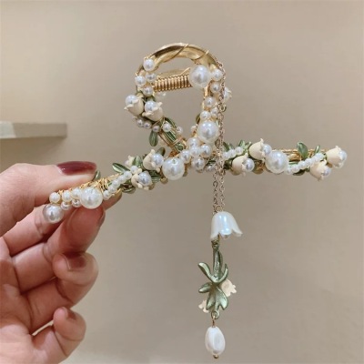 South Korea Dongdaemun Handmade Pearl Flower Tassel Grip Back Head Large Hair Clip Ornament Grip Tide