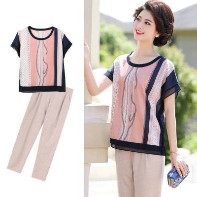 Mom Summer Clothes Fashion Two-Piece Suit Middle-Aged and Elderly Women's Chiffon Shirt Short Sleeve Shirt Wide Lady Large Size Belly Covered Suit