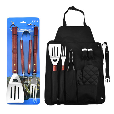 Wooden Handle Barbecue Set Apron Barbecue Tools 7-Piece Outdoor BBQ Utensils Barbecue Fork Shovel for Frying Fish Food Clip