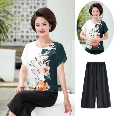 Mom's Summer Wear Short Sleeve Two-Piece Suit 2022 New Middle-Aged Women's Clothing Anti-Aging Top Middle-Aged and Elderly Western Shirt