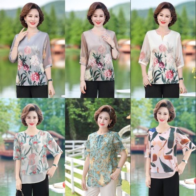 Summer New Middle-Aged and Elderly Women's T-shirt Large Size Mom's Shirt Wholesale Ice Silk Short Sleeve Elegant Chiffon Shirt Wholesale