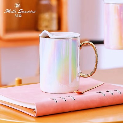 Nordic Creative Rainbow Ceramic Cup Pearl Glaze Mug with Lid Coffee Cup Colorful British Style Gift
