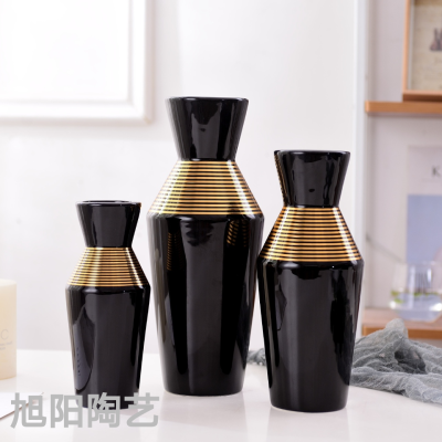 Simple Modern Simple Luxury Style Gold White and Black Ceramic Vase Three-Piece Set Domestic Ornaments Handicraft Equipment Ornaments