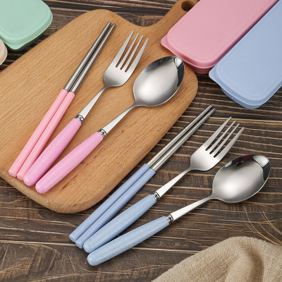 Wheat Handle Stainless Steel Tableware Student Outdoor Travel Chopsticks 3-Piece Forks and Spoons Activity Gift Portable Set