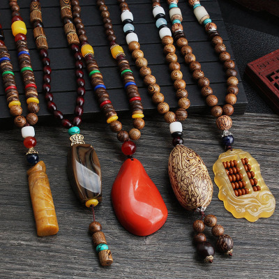 Men's and Women's Ethnic Style Necklace Retro Wooden Bead Sweater Chain Long Bodhi Pendant All-Matching Clothing Pendant Accessories Wholesale