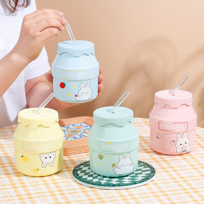Cartoon Cute Yogurt Lid Straw Ceramic Cup Student Dormitory Office Coffee Milk Ceramic Mug
