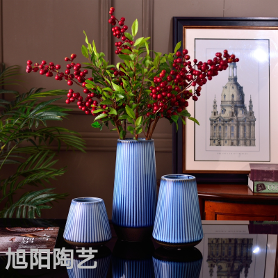 American and European Style Artistic Retro Blue Glazed Pottery Porcelain Vase Flower Ware Three-Piece Set Home Decoration Technology Ornaments