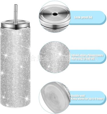 Cross-Border Amazon Shiny Diamond 20Oz Car Ice Cream Tumbler Heat and Cold Insulation Stainless Steel Cup with Straw