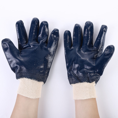 Screw Type Elastic Mouth Flannel Thickened Full Hanging Blue Nitrile Oil-Resistant Gloves Narrow Opening Blue Nitrile Full Glue Oil-Resistant Gloves