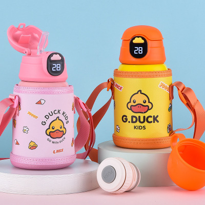 G Dunk Bottle for Children 316 Stainless Steel Vacuum Thermos Cup Portable Sling Kettle Small Yellow Duck Cup with Straw