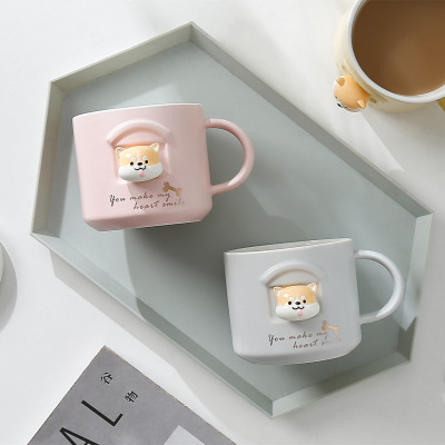 ThreeDimensional Shiba Inu Cute Cartoon Ceramic Cup Akita Mug with Cover Spoon Student Office Household Water Cup Couple