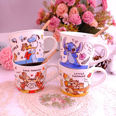 Kawaii Stitch Squirrel Donald Duck Mickey Ceramic Water Cup Mug Coffee Cup Gift Box with Spoon
