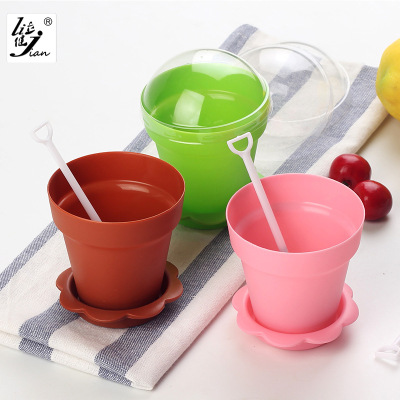 Food Grade Plastic Bonsai Cake Cup Small Flower Pot Yogurt Ice Cream Cup Dessert Plate Wood Bran Pudding Cover