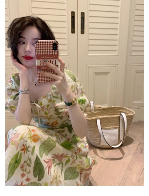 Lightly Mature High-Grade Elegant Floral Long Skirt Summer Design Sense Niche Mori Style Tea Break Puff Sleeve Dress