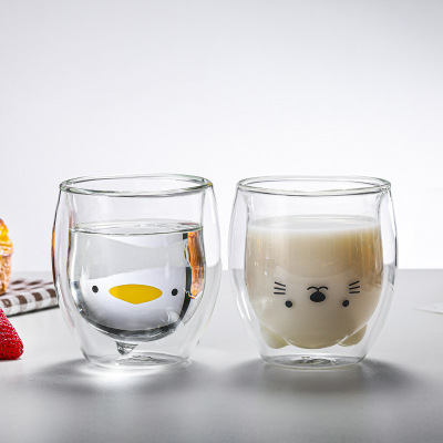 INS Style Creative Double Layer Glass Cup Cup Cartoon Bear Cake Towel Coffee Juice Cup Household Drinking Cups