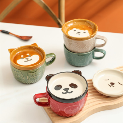Japanese Cartoon Cat Animal Ceramic Mug Cup with Lid Coffee Cup Breakfast Cup Student Milk Cup
