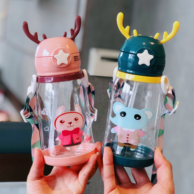 Summer Baby Gift Children Antlers Plastic Cup Student Gift Kettle Cartoon Straw Cup Handy Cup