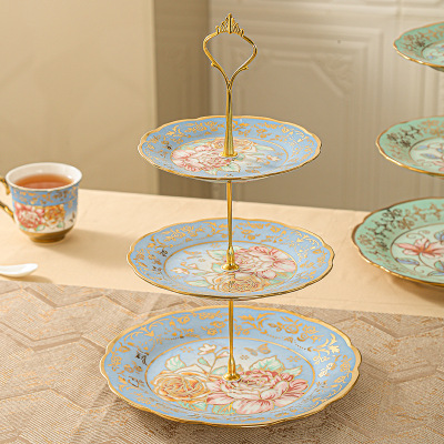 Export Gold-Plated European-Style Ceramic Three-Layer Fruit Plate Afternoon Tea Dim Sum Rack Living Room Fruit Plate Dessert Cake Plate