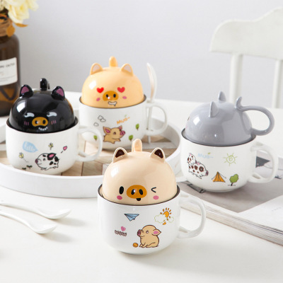 Cartoon Lovers Ceramic Cup with Cover Spoon Milk Coffee Cup Wedding Favors Hand Gift Mug Activity Gift