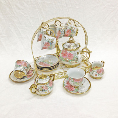Cross-Border European-Style Ceramic Coffee Set Set Electroplating Cup and Saucer Afternoon Tea Set 15-Piece Wedding Gift Set