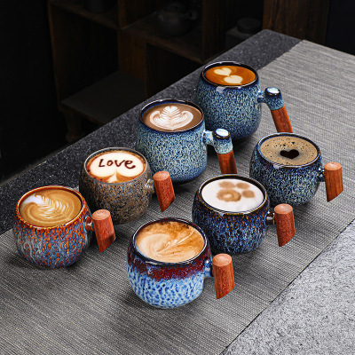 INS Kiln Transmutation Ceramic Wooden Handle Mug Office Coffee Cup Creative Tea Cup Personal Household Milk Cup