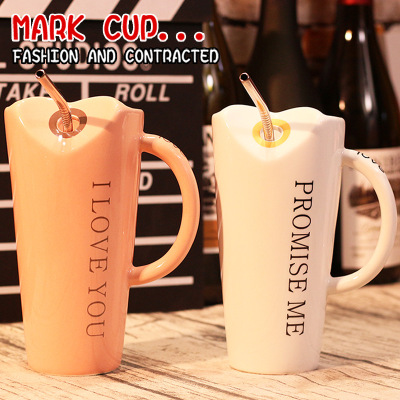 Creative Glass Large Capacity Ceramic Ins Mug with Spoon and Straw Simple Couple Student Cup Pairs