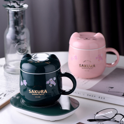 INS Creative Constant Temperature 55 Degrees Warm Cup Cute Sakura-Shaped Cartoon Cat Ceramic Mug Coffee Cup with Lid
