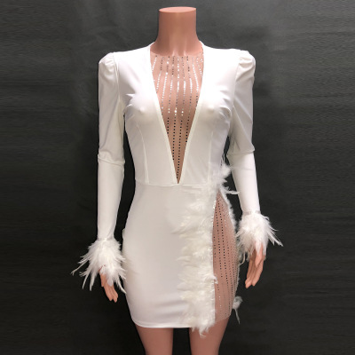 AliExpress Amazon European and American Women's Clothing Mesh Stitching Feather Decoration Slim Dress