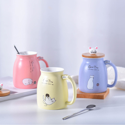 Japanese Style Cute Cartoon Cat Ceramic Cup With Lid Creative Mug Water Cup Breakfast Milk Coffee Office Couple