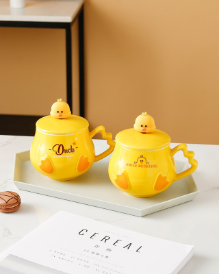 Cartoon Little Duck Ceramic Cup Mug with Lid Cup with Spoon Advertising Gift Cup Logo Can Be Added