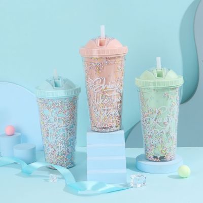 Factory Wholesale New Trending Creative Ice Cup Slide Foam Double-Layer Plastic Cup Student Couple Drinking Straw Cup