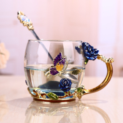 Blue Rose Enamel Cup Nordic Style Water Cup Luo Shi Scented Tea Cup Borosilicate Straight Glass Cup Hot Selling Gift