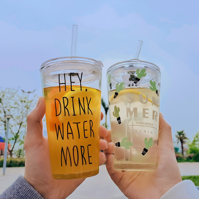 Cartoon Glass Cup with Straw Drink Cup Creative Cute Office Scaled Milk Cup Creative Juice Drinking Cup