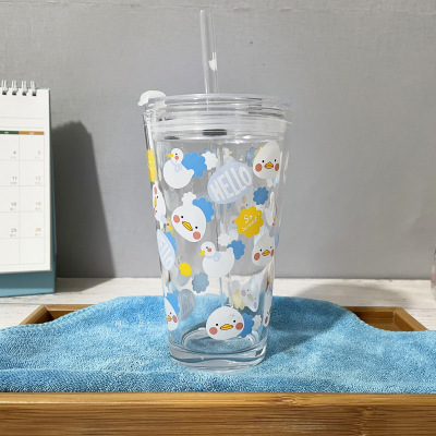 INS Style Fresh Little Duck Printed Milk Juice with Lid and Straw Portable Office Household Glass