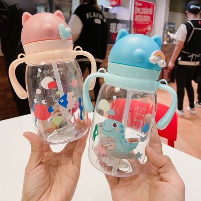 Infant Cartoon Straw Cup Slide Lid Water Cup with Handle Strap Scale Baby Creative Trendy Water Cup 550ml