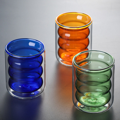 Colored Spiral Glass Double-Layer Cup Milk Cup Home Coffee Mousse Cup Office Glass Juice Cup