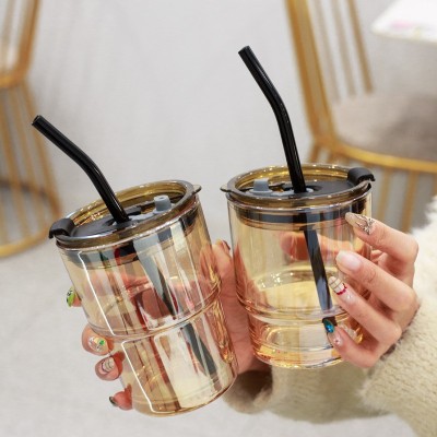 INS Style Straw Bamboo Glass Cup Men and Women Office Student Large Capacity Net Red High Color Simple Drinking Cup