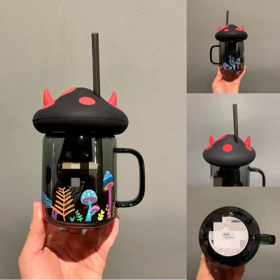 Halloween Black Mushroom Tea Strainer Water Cup Little Devil Paradise Black Cat Mug Glass Straw Cup Desktop Cup