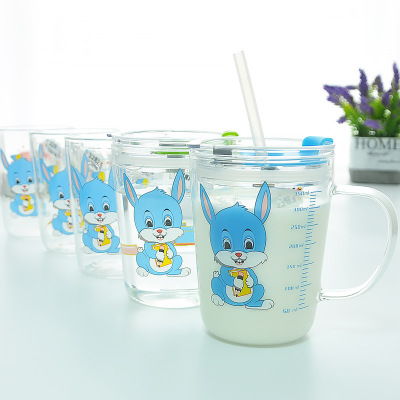 350ml Children's Cartoon Straw Cup with Scale Heating Milk Breakfast Household Learn Drinking Cup Glass Cup