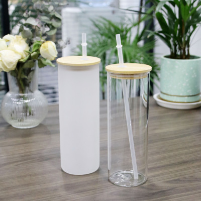 for CrossBorder 20Oz Sublimation Straight Glass 25Oz with Straw Heat Transfer Transparent Frosted Straight Tube