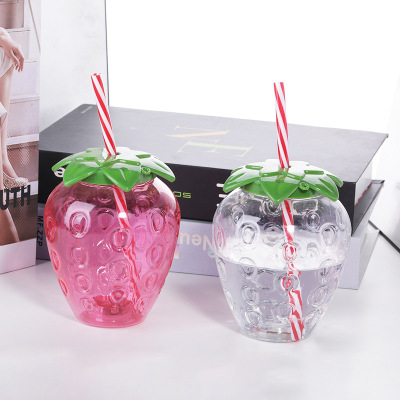 Plastic Fruit Drink Shape Children's Straw Cup Disposable Luminous Transparent Strawberry Juice Cup Factory Wholesale