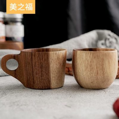 Simple Whole Wood Cup Acacia Mangium Mug Wooden Tumbler Handle Cup Lettering Factory Wholesale