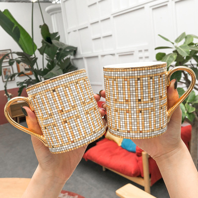 Mosaic Gold Outline Ceramics Mug Business British Style Light Luxury Personalized Water Cup Breakfast Milk Coffee Cup