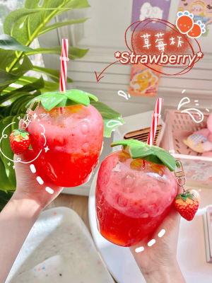 Net Red Strawberry Cup with Straw Plastic Cup Cute Female Belt Accessories Milky Tea Cup Student Water Cup Water Bottle