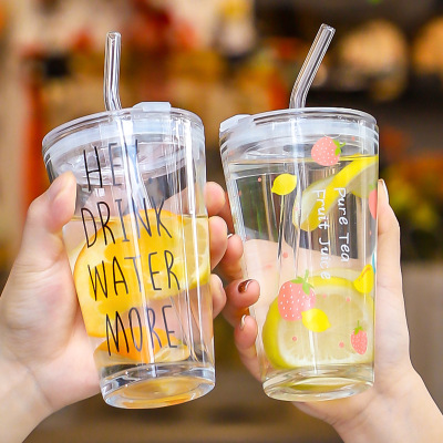 Cartoon Glass Cup with Straw Drink Cup Creative Cute Office Scaled Milk Cup Creative Juice Drinking Cup