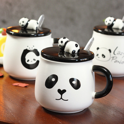 Creative Cute Cartoon Panda Ceramic Cup with Cover with Spoon Adorable Big Belly Mug Breakfast Milk Coffee Cup