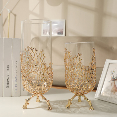 Metal Ornaments Glass Vase Decoration Living Room Dried Flower Arrangement Model Room Dining Table Flower Device Creative and Slightly Luxury Table Decoration